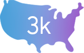 Map of the US with the letters "3k", representing the approximately 3,000 new cases of Acromegaly per year in America